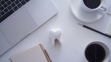A cup of coffee next to a laptop and a toothbrush. Perfect for morning routine concept