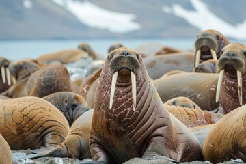 A group of walruses resting on a rocky beach, suitable for wildlife and nature themes