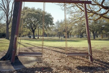A swing hanging from a tree in a park. Suitable for outdoor recreation concepts