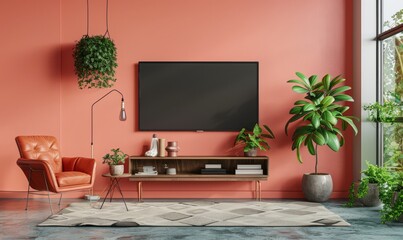 Cabinet for TV and accessories decor in living room interior on empty pink wall background