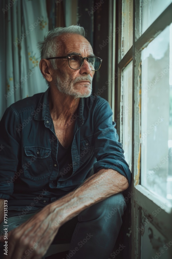 Aufkleber An older man wearing glasses sitting by a window. Suitable for various concepts and themes