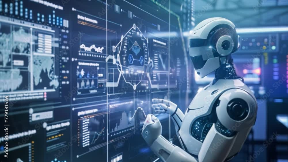 Poster robot analyzing data on display wall
