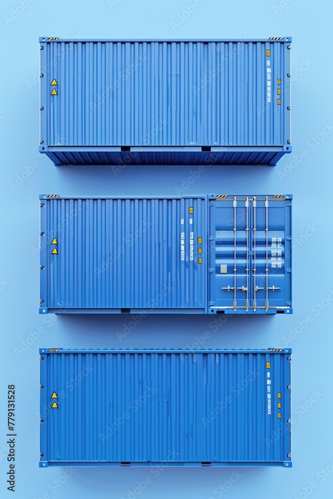 Poster three blue shipping containers stacked on top of each other. ideal for industrial and transportation