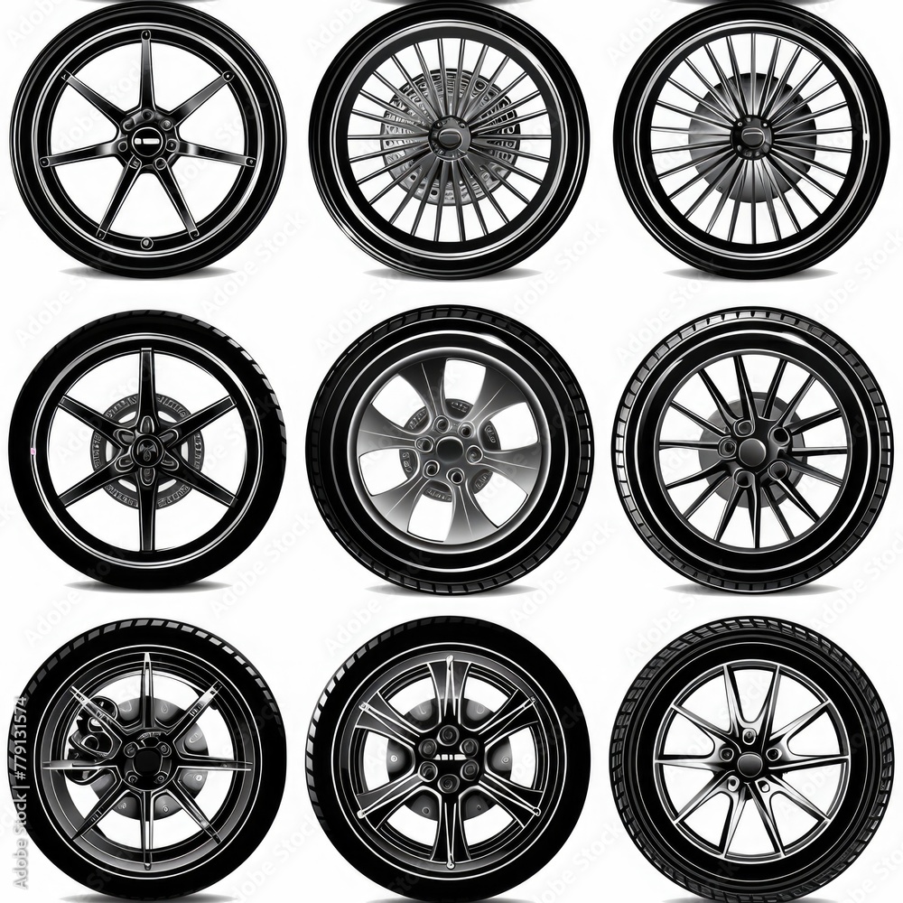 Poster A collection of four different types of wheels. Suitable for various industrial, automotive, and mechanical concepts
