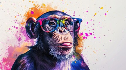 A painting of a chimpanzee wearing glasses. Suitable for educational and humorous purposes - obrazy, fototapety, plakaty