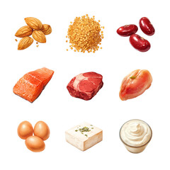 Watercolor set of various protein sources. Includes almonds, lentils, kidney beans, a salmon fillet, a beef, chicken breast, eggs, tofu, and Greek yogurt on transparent background.