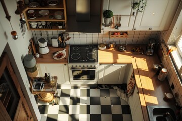 A kitchen with a checkered floor and a stove. Ideal for home decor concepts