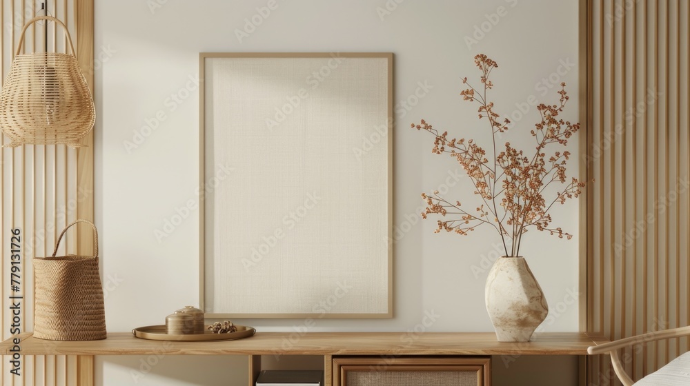 Poster a simple image of a vase with flowers on a table. suitable for home decor or interior design concept