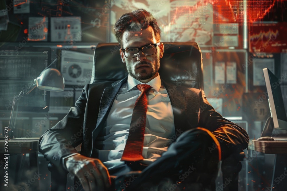 Poster a man in a suit and tie sitting in a chair. suitable for business concepts