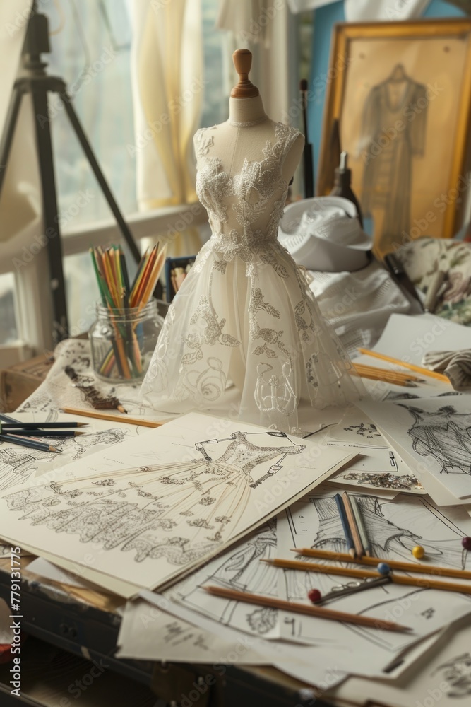 Poster a mannequin sitting on a table covered in drawings. suitable for art and design concepts