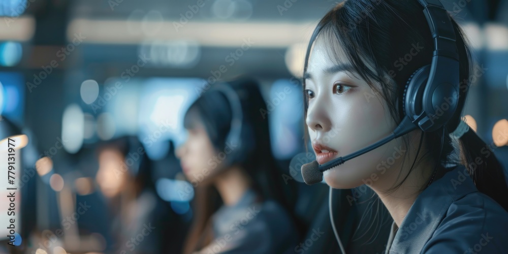 Aufkleber a woman sitting in front of a computer wearing a headset. suitable for tech or customer service conc