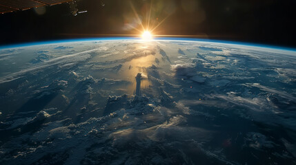 Vista mozzafiato di un'alba blu sopra l'orizzonte terrestre dallo spazio, con nuvole e stelle scintillanti - obrazy, fototapety, plakaty