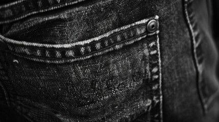 Detailed black and white image of a jeans pocket. Suitable for fashion or textile concepts