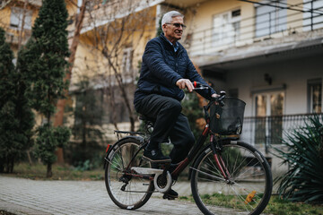 A smiling senior man in casual wear riding a bicycle on a paved path, depicting active lifestyle...