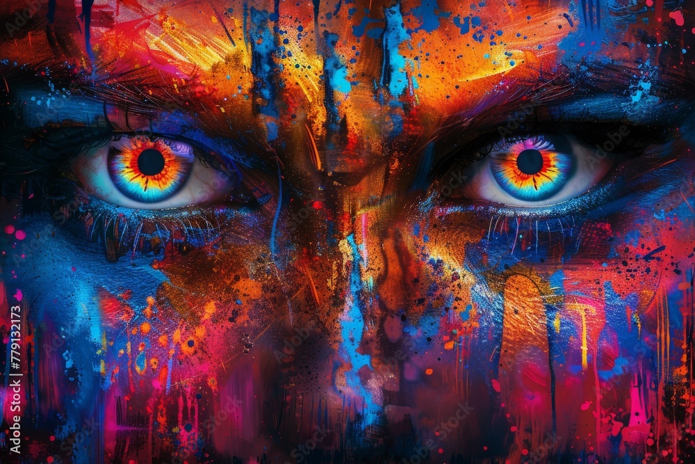 Poster A close-up view of a persons face adorned with an array of colorful paint, creating a vibrant and artistic display of self-expression and creativity