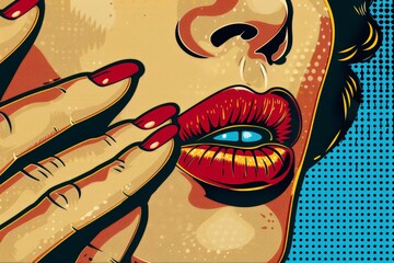 Close-up pop art illustration of a womans face with striking red lipstick, her gaze captivating and alluring