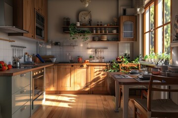 A cozy kitchen featuring wooden cabinets and a table. Suitable for home improvement projects