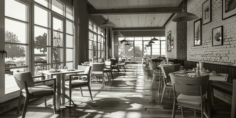 Monochrome image of a restaurant interior, suitable for various design projects