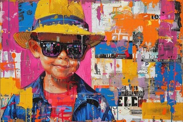 A vibrant collage  featuring a stylish boy sporting sunglasses and a hat, exuding confidence and attitude with a flair of fashion