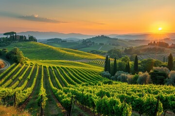As the sun sets over the hills, its golden light bathes the vineyard in a warm glow, casting long shadows and creating a serene atmosphere