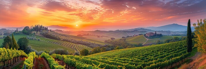 As the sun dips below the horizon, vibrant colors paint the sky over a lush vineyard nestled in the...