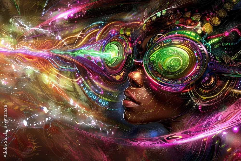 Poster A womans face adorned with intricate futuristic designs, blending ancient aesthetics with modern technology in a captivating display of artistry