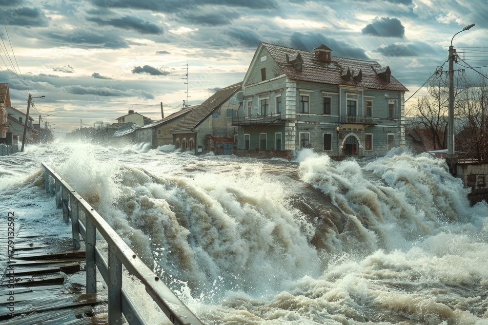 Poster A large waterfall of water in front of a building. Suitable for architectural and nature concepts