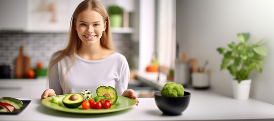 Portrait of a teenage girl holding an plate with avocado and smiling, kitchen background.