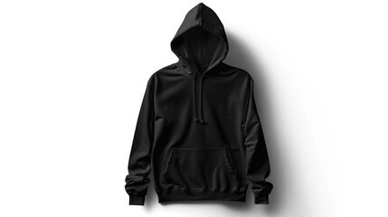 A black hoodie hanging on a white wall. Suitable for fashion or minimalist concepts