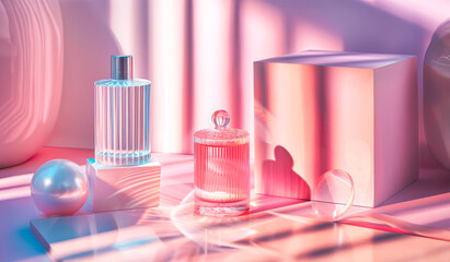 Perfume Bottles in Surreal Pink Hues. Striking composition featuring elegant perfume bottles, casting shadows in a pink-toned, dreamlike setting, reflecting luxury and style.