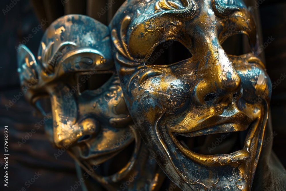 Poster Close up shot of two masks on a table. Suitable for various themes and concepts
