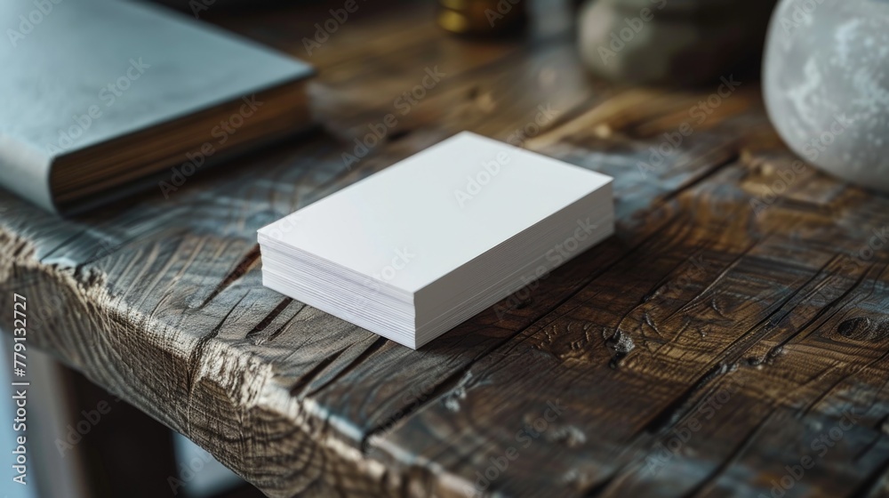 Poster a stack of white cards on a wooden table. suitable for various concepts