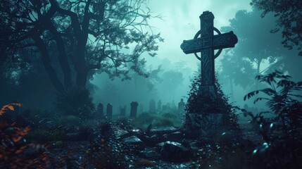 A cross in the middle of a cemetery. Suitable for religious and funeral themes - obrazy, fototapety, plakaty