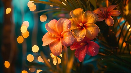 A detailed shot of a Hawaiian decoration, its vibrant colors and textures standing out against the soft, natural backdrop of an evening luau party.