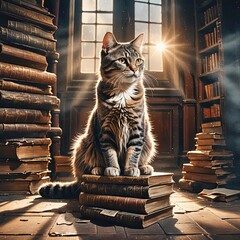 Tabby cat sits on a stack of old books in a dusty library filled with overflowing bookshelves and sunlight shining through a window