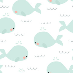 Cute whale seamless pattern. Background for kids with whales and waves . Vector illustration. It can be used for wallpapers, wrapping, cards, patterns for clothes and other. - obrazy, fototapety, plakaty