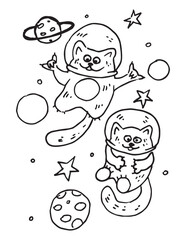Cute illustration of cats astronauts in space with stars and planets. Black vector linear drawing on a white background.