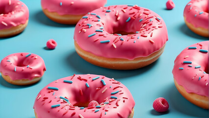 Glazed pink donuts adorned with colorful sprinkles beautifully arranged to create a visual treat...