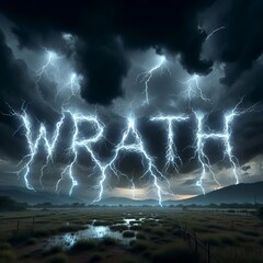 Multiple lightning strikes illuminate a dark, stormy sky over a rugged landscape, converging to form the word "WRATH"