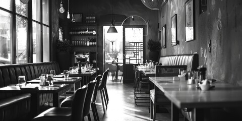 Black and white photo of a restaurant, suitable for various design projects