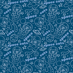 Seamless pattern with cats astronauts in space and inscriptions. Pattern with stars and planets on a dark background. For children's bedding or children's wallpaper.