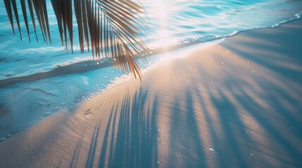 Palm tree shadow on sandy beach, perfect for travel websites