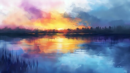 Obraz na płótnie Canvas Watercolor Harmony: Lake Sunset Silhouettes./n