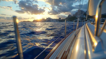 Hyper realistic close up of a luxurious yacht sailing near beautiful and picturesque islands