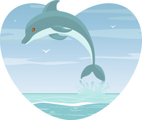 Sea and cheerful dolphin in the shape of a heart. New fashionable realistic sand and sea texture. Seasonal calling, weekend, holiday logo. Fashionable style