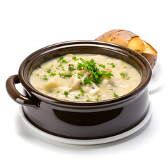 Scottish soup made with smoked haddock, potatoes, and onions, served in soup bowl, isolated on a white background