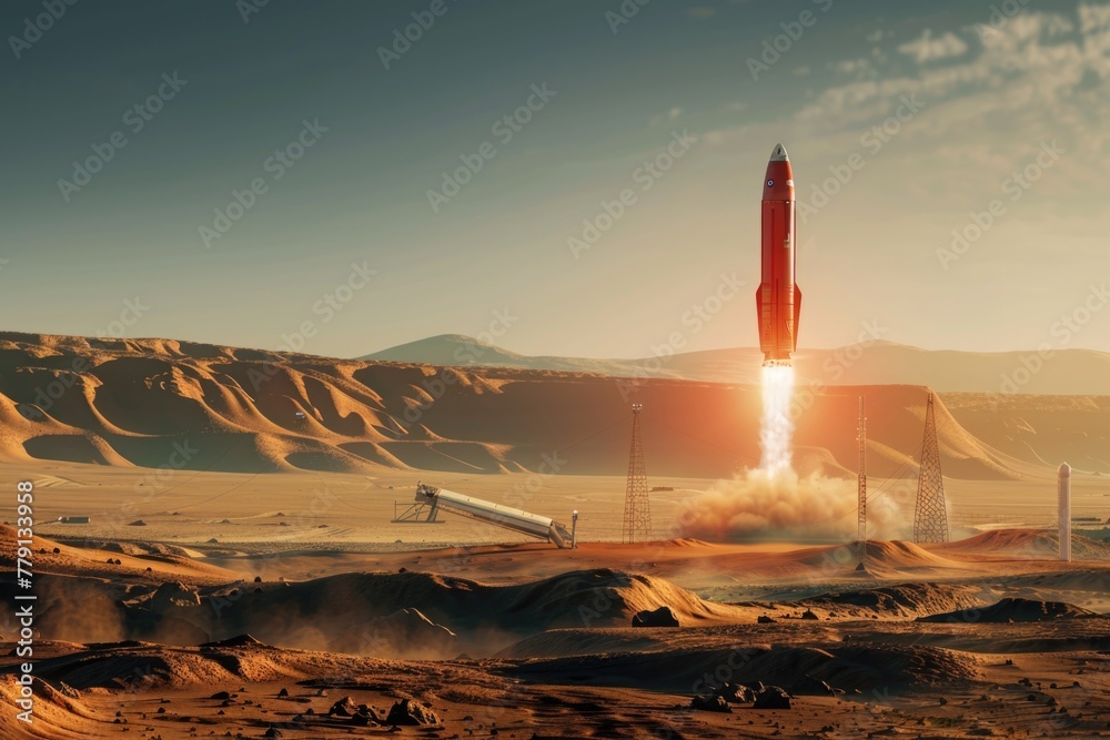 Poster A rocket launching into the air in the desert. Suitable for technology and space exploration concepts.