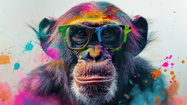 A monkey wearing glasses with colorful paint splatters on its face. Suitable for artistic and creative concepts