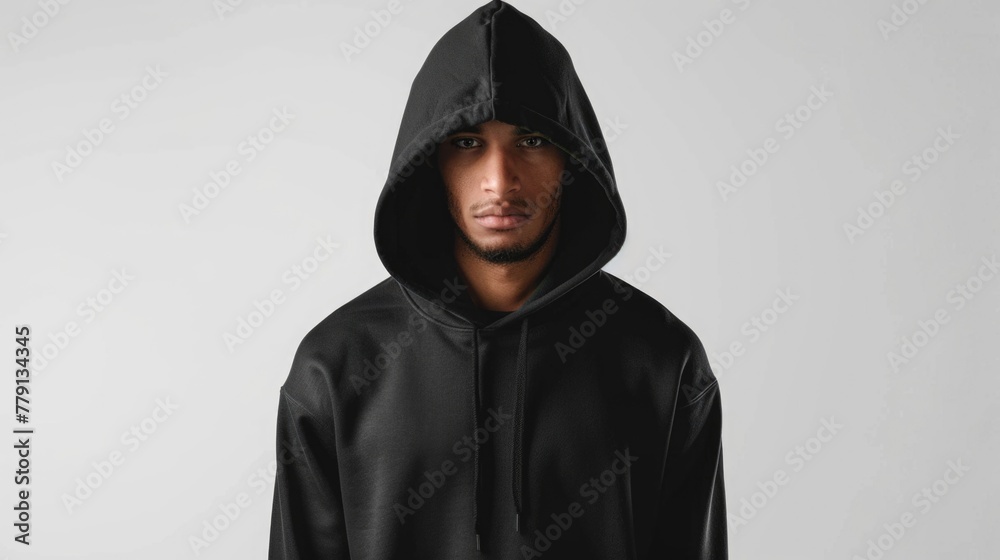 Poster a man in a black hoodie posing for a picture. suitable for various uses