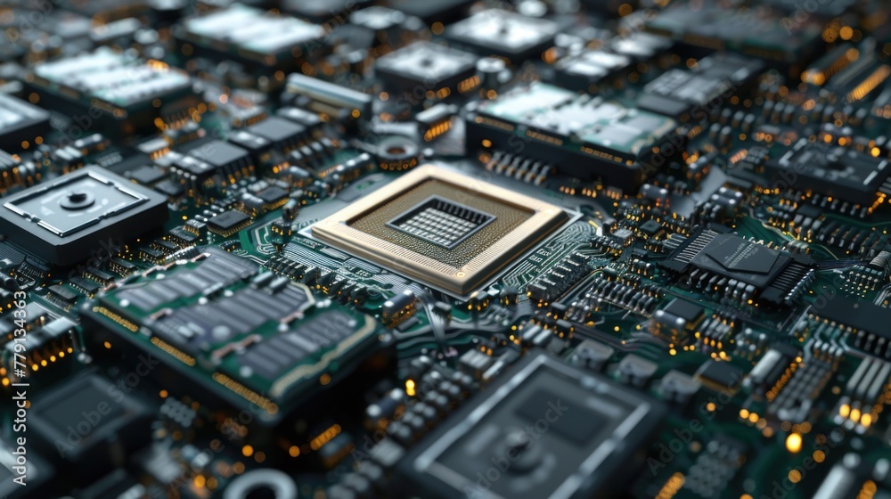 Poster Detailed close up of a computer motherboard. Ideal for technology concepts